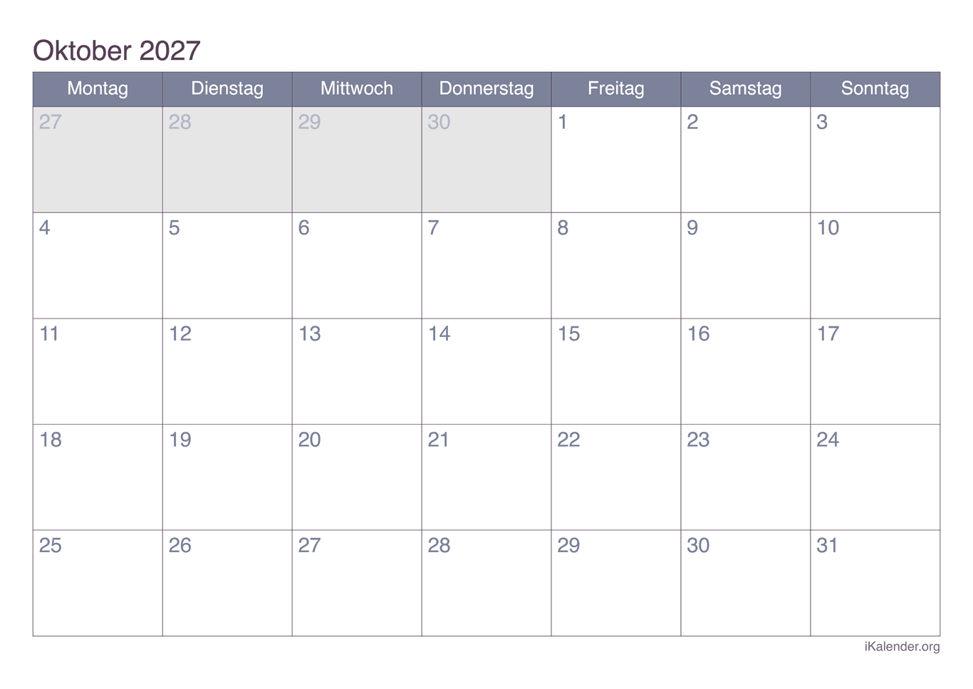 Monatskalender Oktober 2027 - Office
