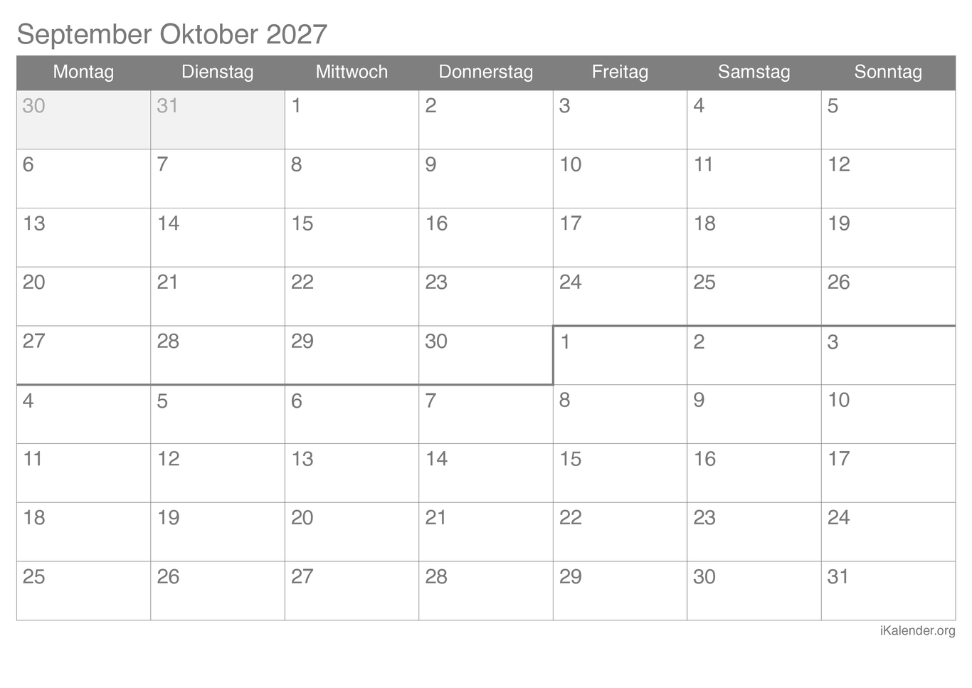 Monatskalender September Oktober 2027
