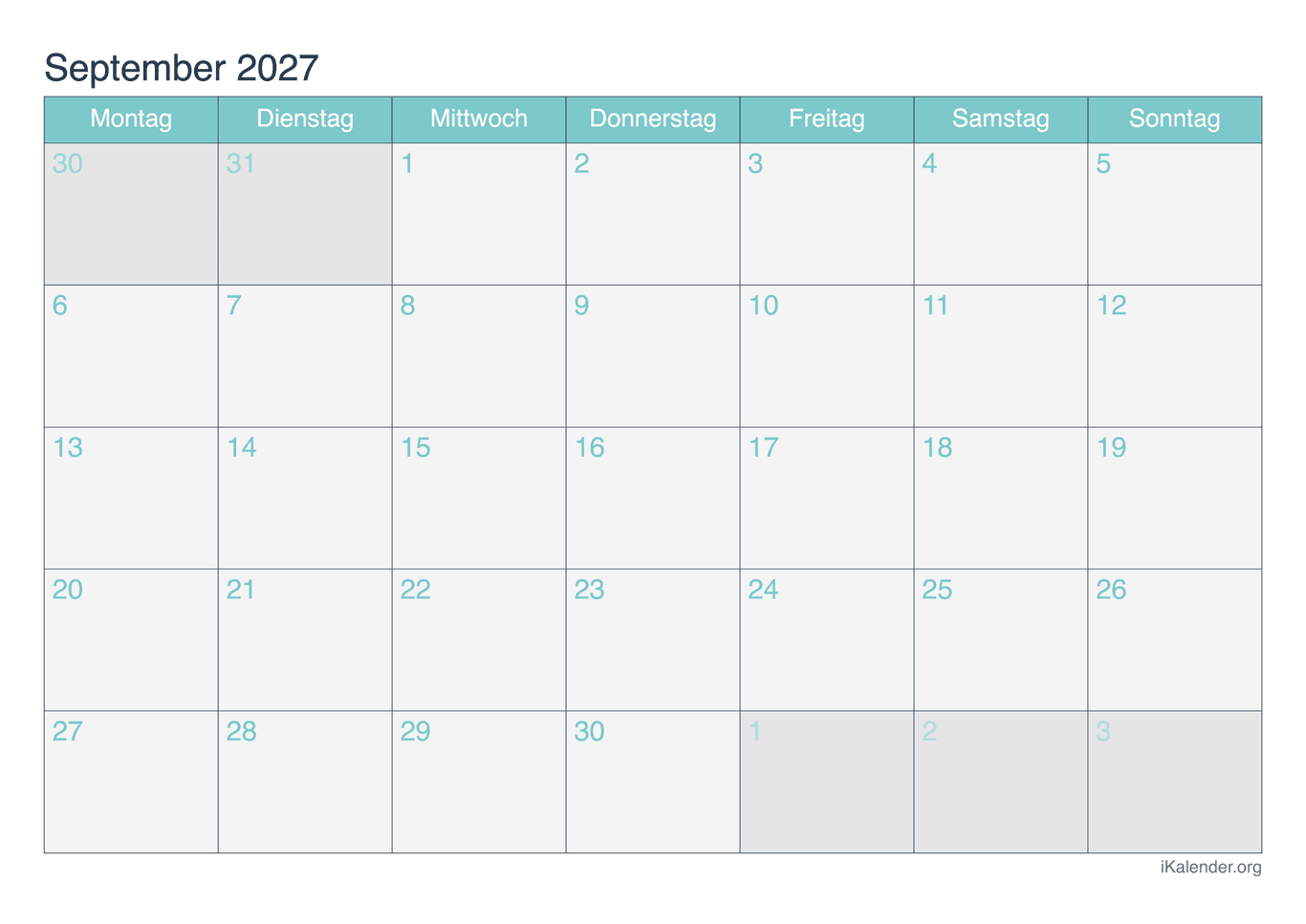 Monatskalender September 2027 - Turkis
