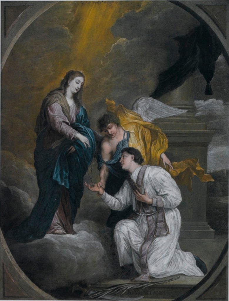 David Teniers III - Der Heilige Valentin empfängt einen Rosenkranz aus den Händen der Jungfrau Maria