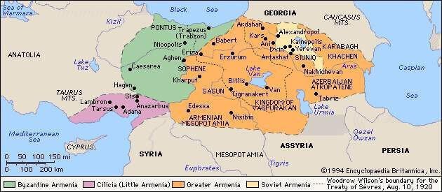 Historische Karte Armeniens, auf der die verschiedenen Etappen seiner territorialen Entwicklung zu sehen sind