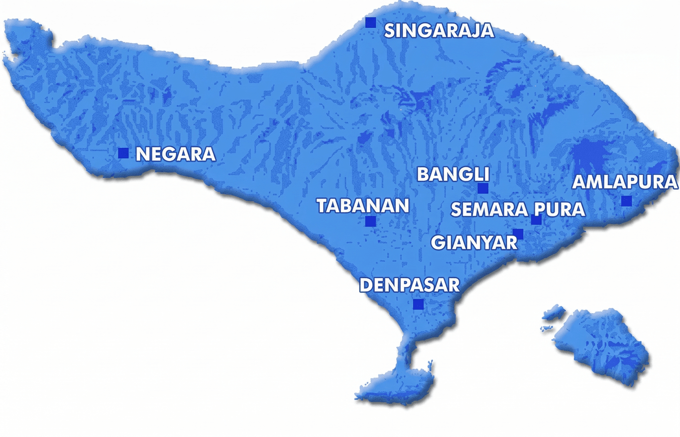 Karte von Bali. Die Insel Bali liegt im Indischen Ozean, ist 5.000 km² groß und hat rund 3 Millionen Einwohner.