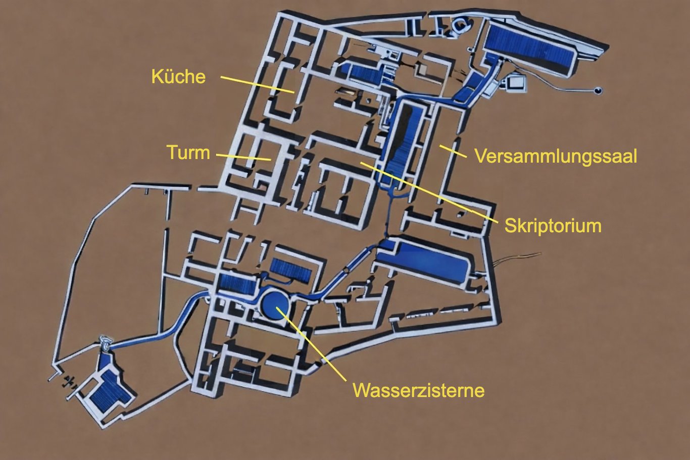 Plan der Stätte von Qumran, die kaum mehr als fünfzig Personen aufnehmen konnte. Zwischen den Ruinen und den Höhlen wurde kein Weg gefunden, der darauf schließen ließe, dass die Höhlen als Arbeits- oder Meditationsort dienten.