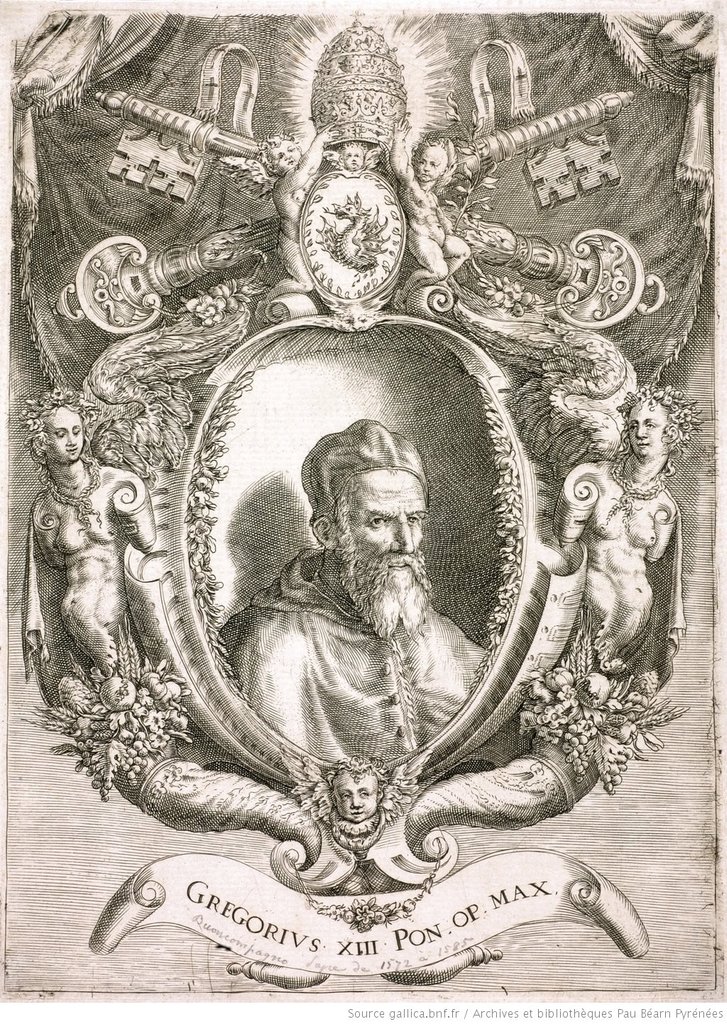 Papst Gregor XIII. (1502-1585), dessen Pontifikat von 1572 bis 1585 dauerte. Stich von Cherubino Alberti, 1585.