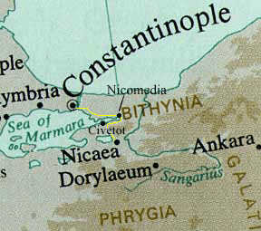 Nicäa in Bithynien, heute Iznik in der Türkei. Die Stadt wurde im 4. Jahrhundert v. Chr. von Antigonos Monophthalmos, einem der Feldherren Alexanders, gegründet und war Tagungsort des ersten Konzils von 325.