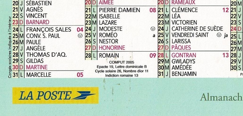 Der Postkalender enthält im unteren Teil des Monats Februar alle Elemente des Computus.