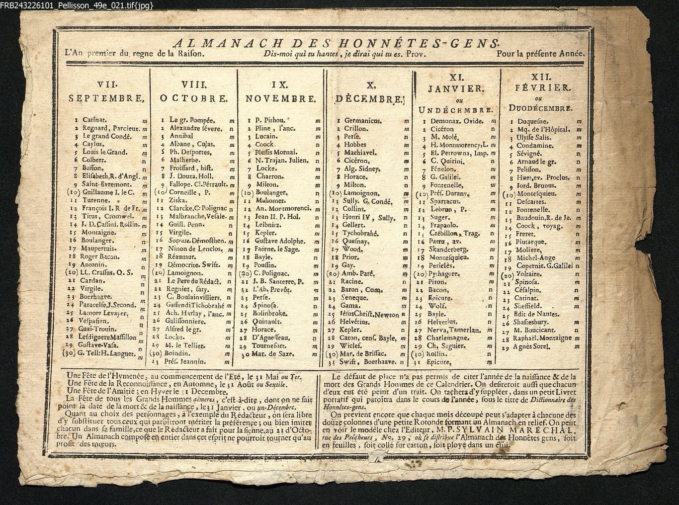 L'Almanach des Honnêtes Gens, erstes Jahr der Herrschaft der Raifon, September bis Februar