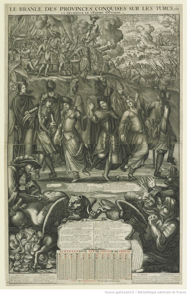Almanach von 1688, der Reigen der den Türken abgenommenen Provinzen oder der Niedergang des Osmanischen Reichs.