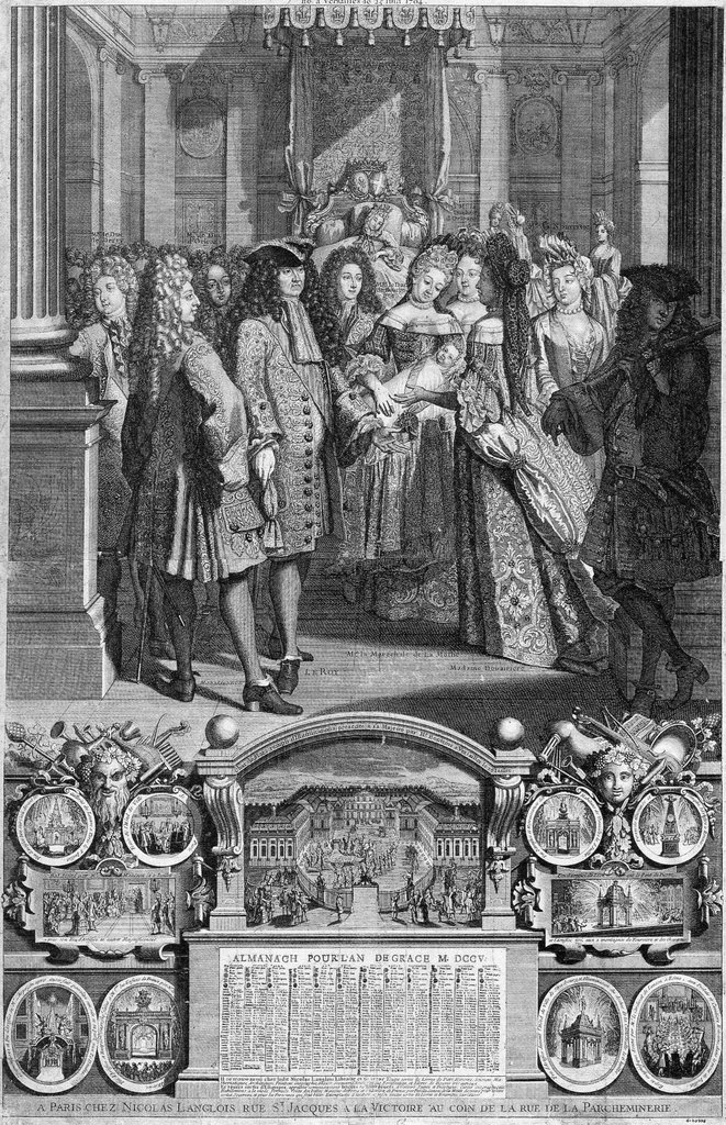 Almanach Royal von 1705. Geburt des Herzogs von Bretagne, Urenkel Ludwigs XIV., am 25. Juni 1704.