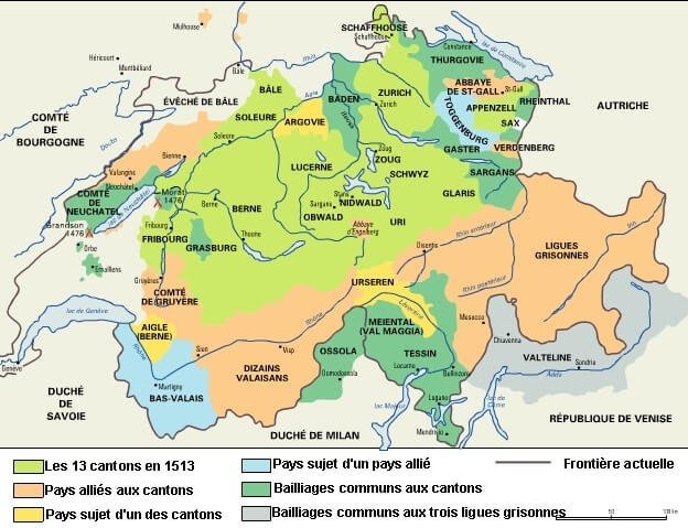 Karte der Eidgenossenschaft der XIII Orte im 16. Jahrhundert.