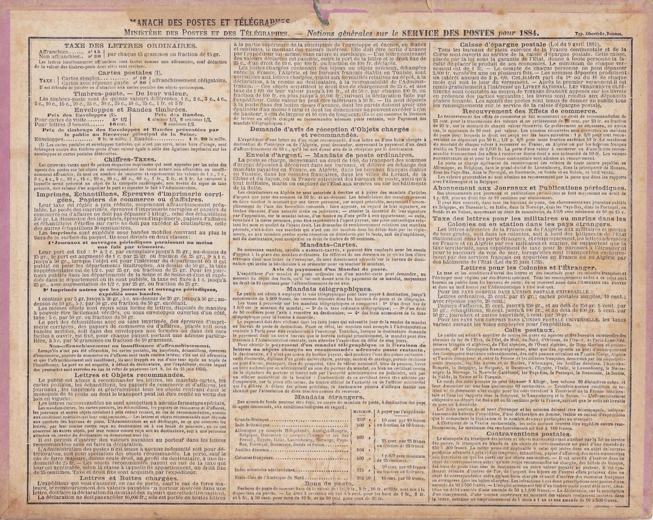 Almanach des Postes et des Télégraphes 1884, Rückseite.