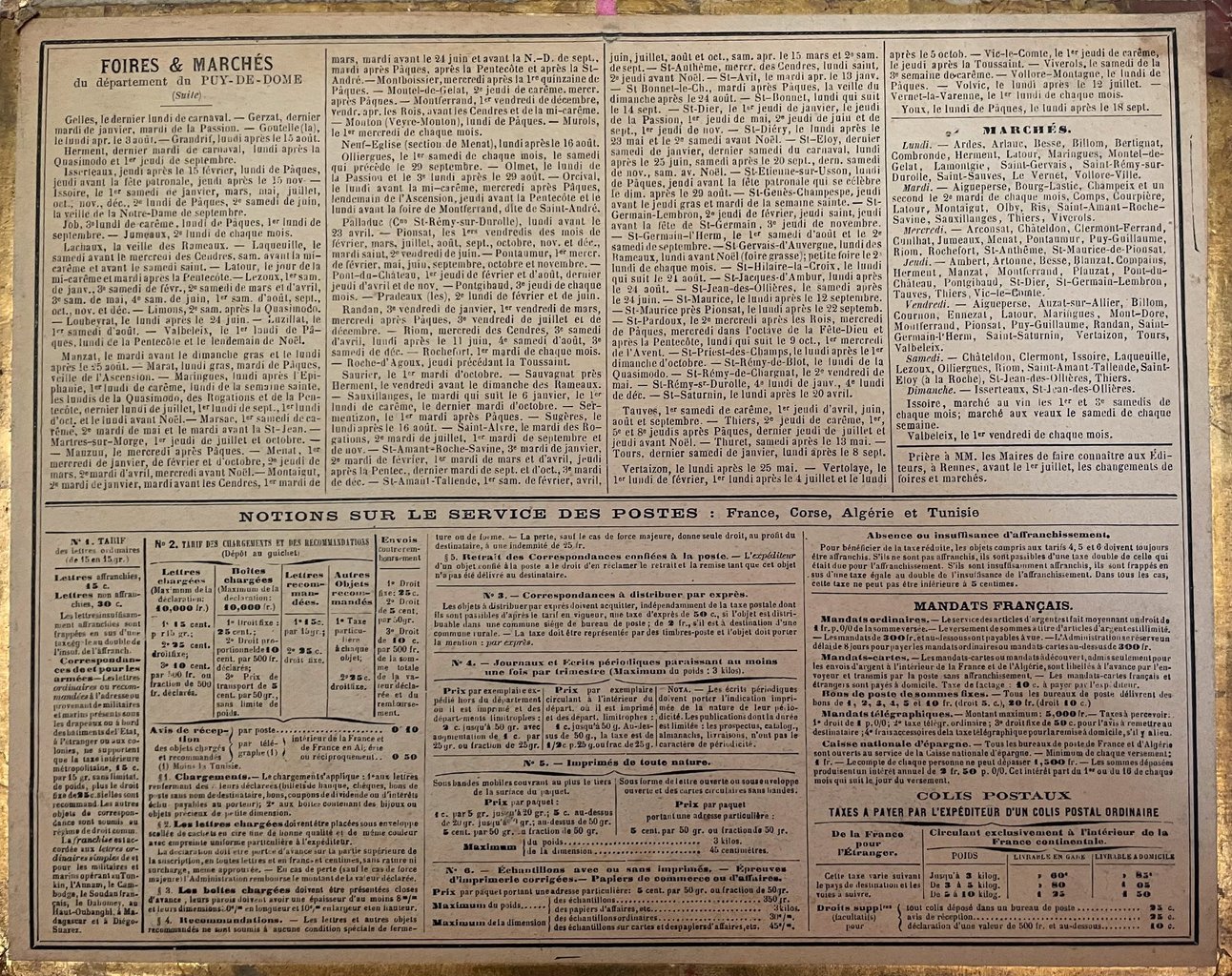 Postalmanach 1898, Rückseite, Jahrmärkte und Märkte des Départements Puy-de-Dôme.