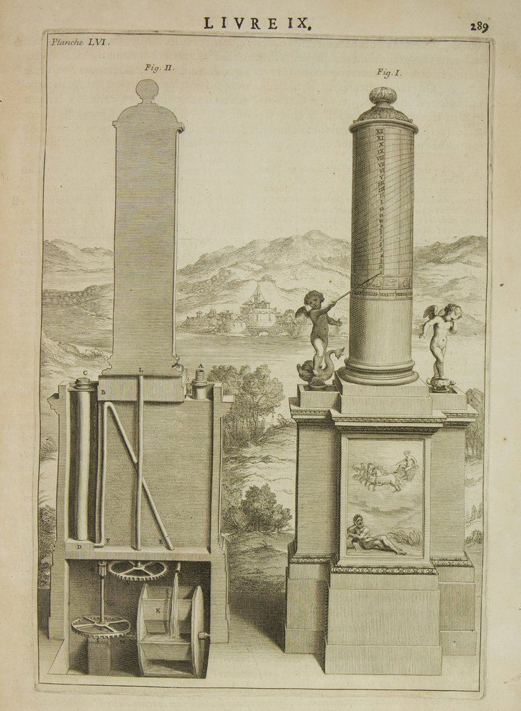 Hydraulische Uhr des Ktesibios, aus Vitruvs Werk „Die zehn Bücher über Architektur“, zweite Ausgabe, Bibliothek der Stiftung Werner Oechslin, Einsiedeln.