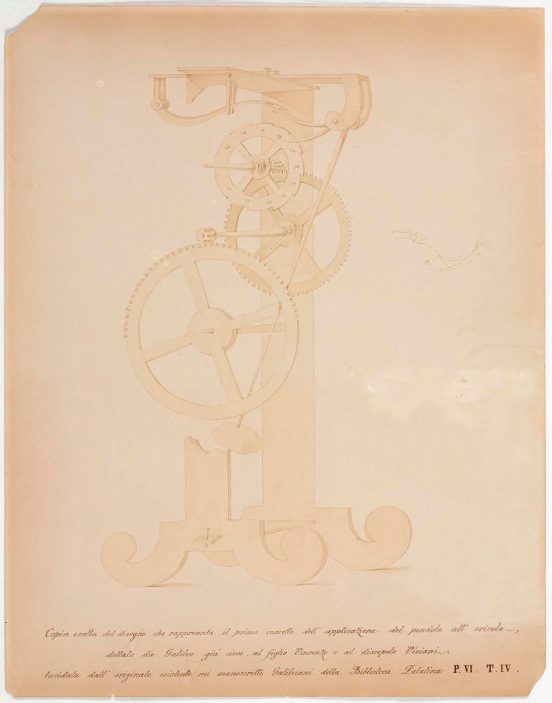 Plan von Galileis Uhr, ausgeführt von Vincenzo Viviani (1622-1703), seinem Biographen und Freund.