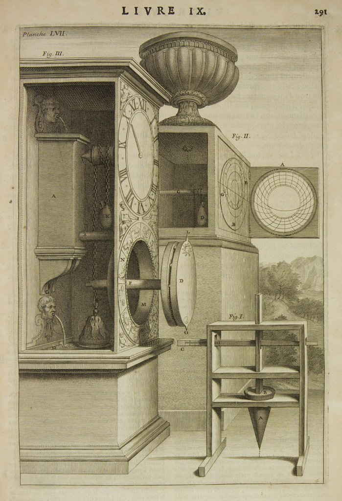 Unten rechts ein Instrument mit zwei Kegeln, dessen Funktionsweise im Text dieser Studie erläutert wurde. Der Wasserdurchfluss wird reguliert, um ungleiche Stunden anzuzeigen. - 
Im Hintergrund eine anaphorische Uhr, bei der die Stunden auf einem Analemma angegeben werden - dem Kreis rechts von der Uhr -, das nichts anderes ist als eine Projektion der Himmelskugel wie bei den Astrolabien. Der Wasserdurchfluss wird dort nicht reguliert. - 
Links eine Tympan-Uhr, bei der der Wasserdurchgang durch tägliches Drehen der unteren Scheibe geregelt wird - normalerweise in „eingeschobener“ Stellung -, die aus zwei Platten unterschiedlicher Dicke besteht. Das nächste Bild zeigt das System im Detail.