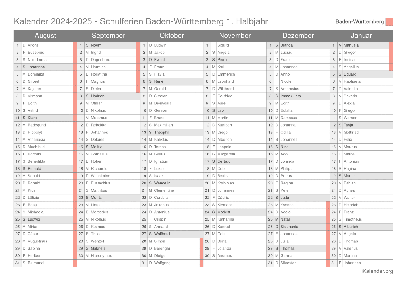 Schulferien- Halbjahres- Namenstagskalender 2024-2025 Baden-Württemberg