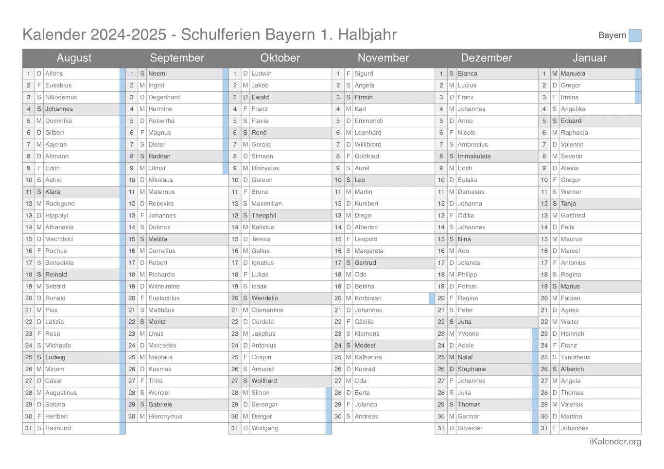 Schulferien- Halbjahres- Namenstagskalender 2024-2025 Bayern