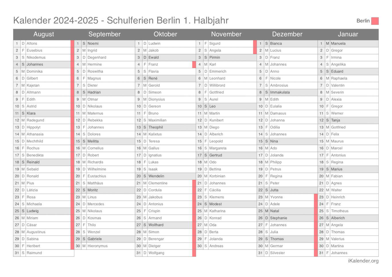 Schulferien- Halbjahres- Namenstagskalender 2024-2025 Berlin