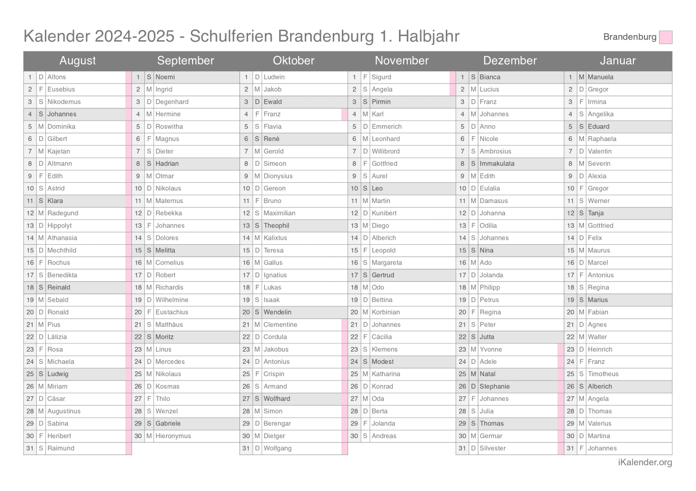 Schulferien- Halbjahres- Namenstagskalender 2024-2025 Brandenburg