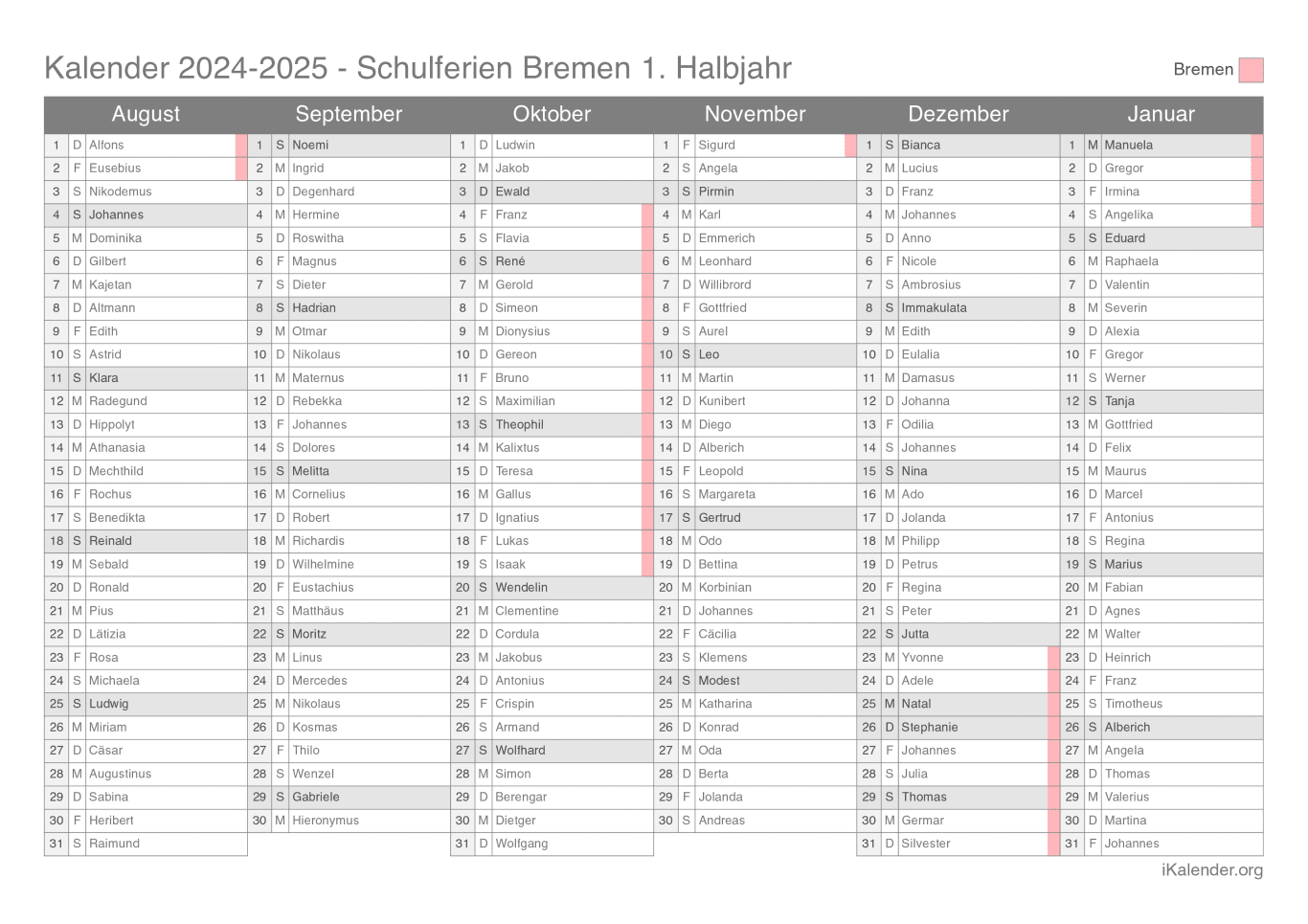 Schulferien- Halbjahres- Namenstagskalender 2024-2025 Bremen