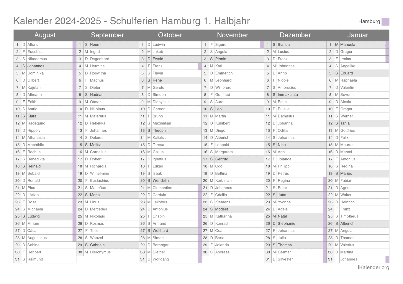 Schulferien- Halbjahres- Namenstagskalender 2024-2025 Hamburg