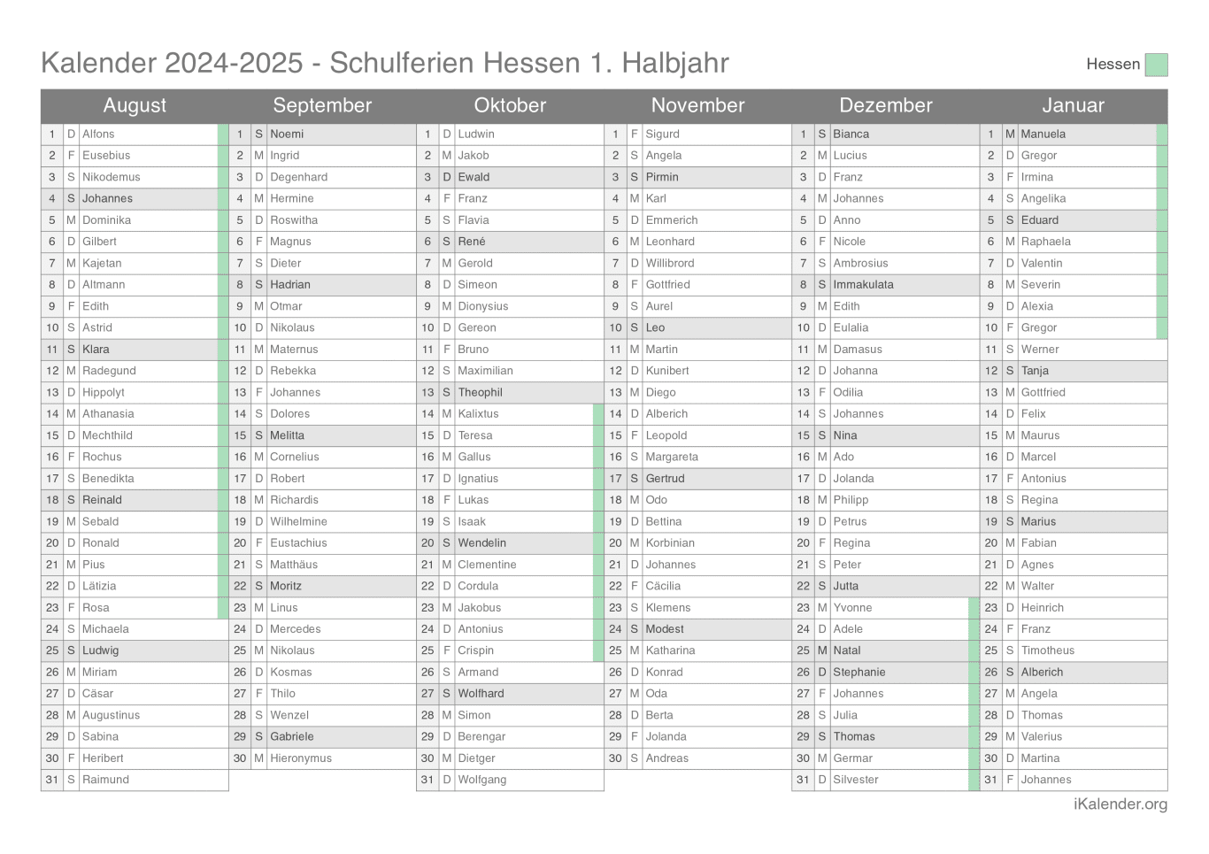 Schulferien- Halbjahres- Namenstagskalender 2024-2025 Hessen