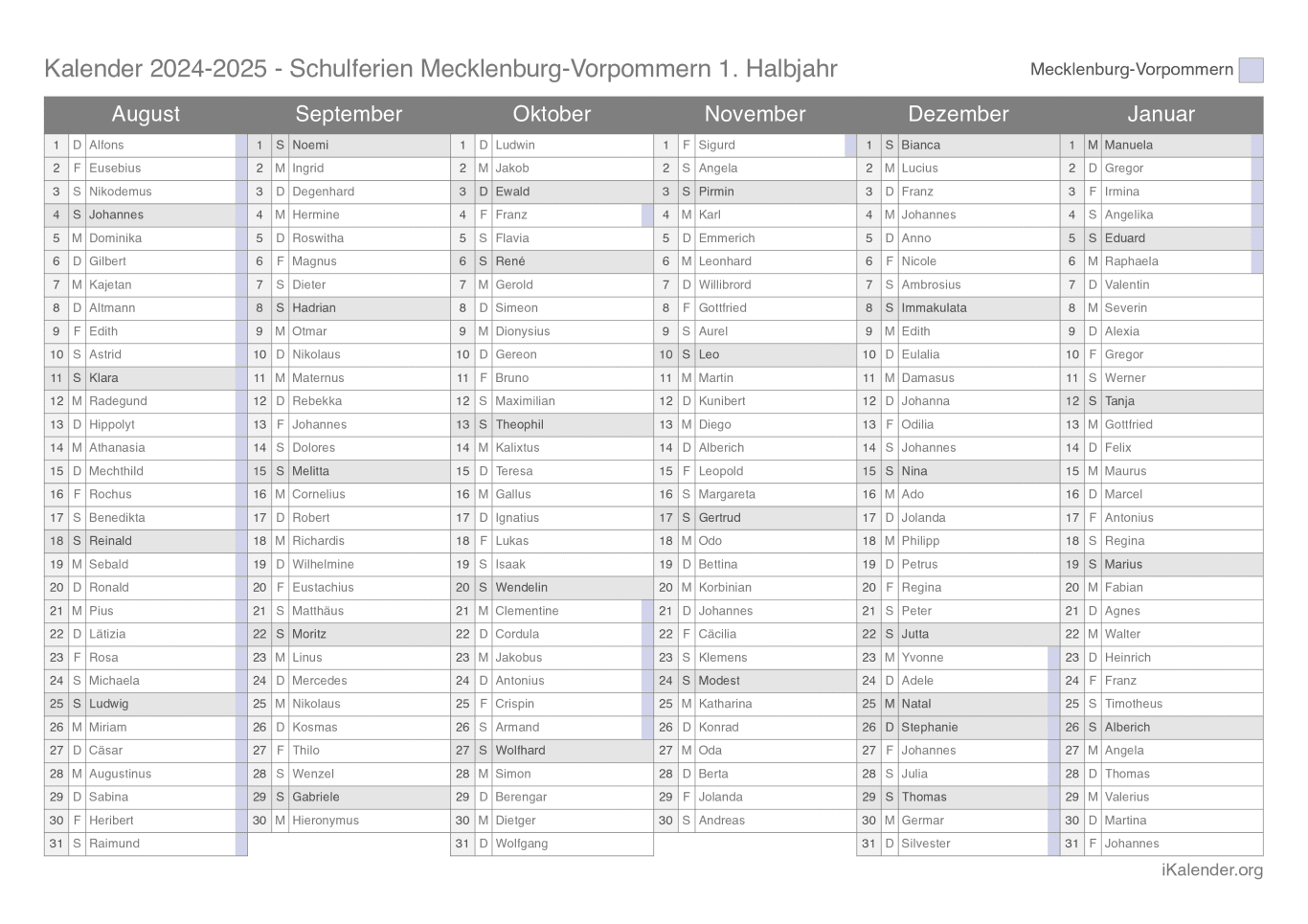 Schulferien- Halbjahres- Namenstagskalender 2024-2025 Mecklenburg-Vorpommern
