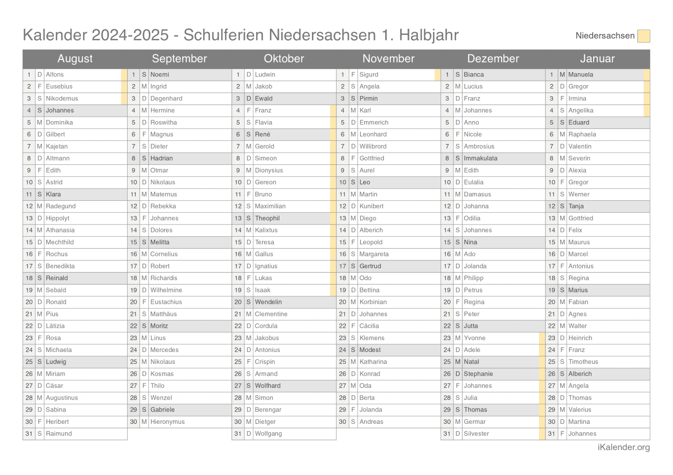 Schulferien- Halbjahres- Namenstagskalender 2024-2025 Niedersachsen