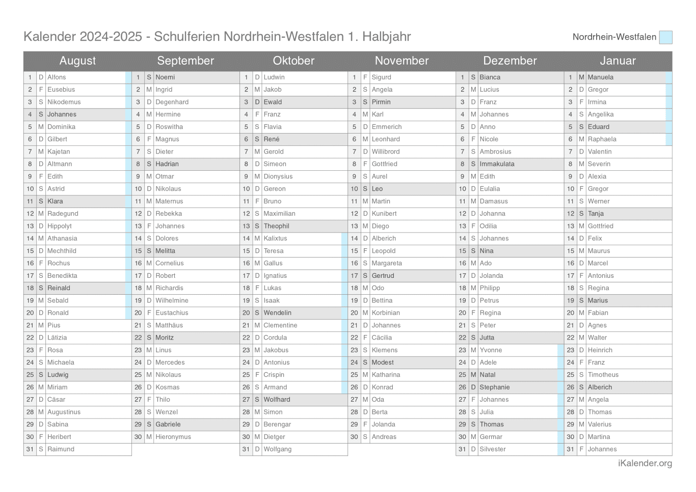 Schulferien- Halbjahres- Namenstagskalender 2024-2025 Nordrhein-Westfalen