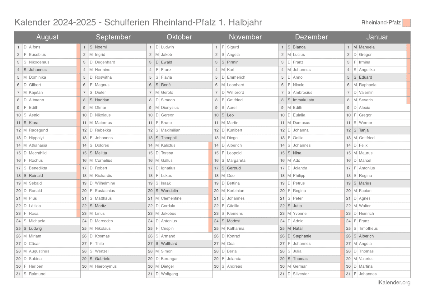 Schulferien- Halbjahres- Namenstagskalender 2024-2025 Rheinland-Pfalz