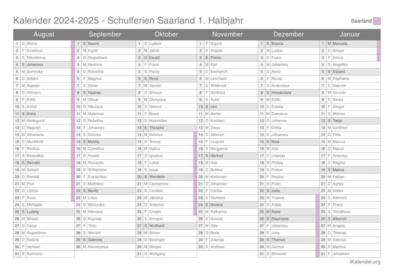 Schulferien- Halbjahres- Namenstagskalender 2024-2025 Saarland