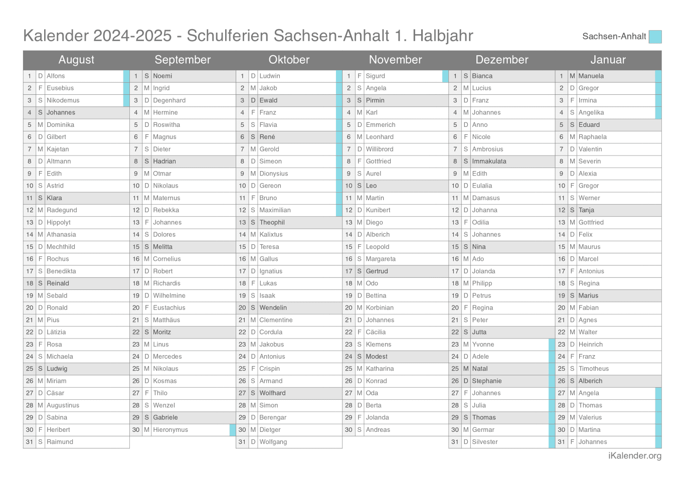 Schulferien- Halbjahres- Namenstagskalender 2024-2025 Sachsen-Anhalt