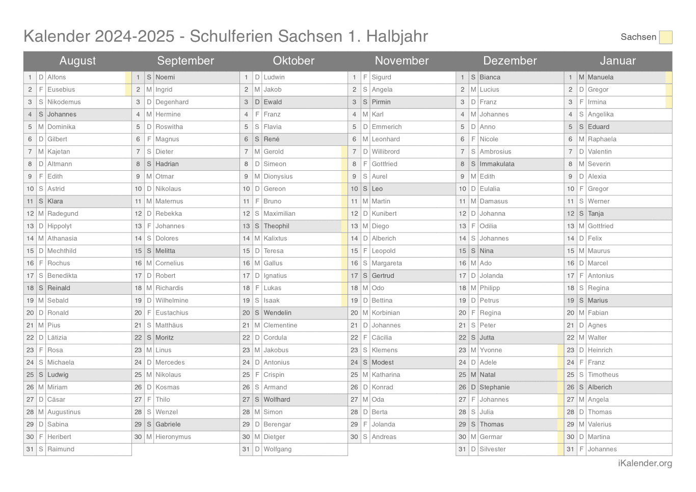 Schulferien- Halbjahres- Namenstagskalender 2024-2025 Sachsen