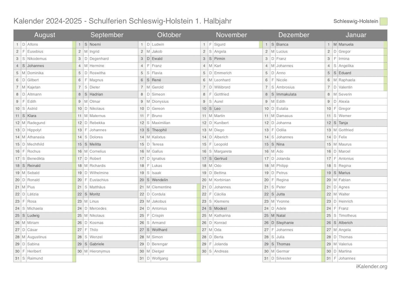 Schulferien- Halbjahres- Namenstagskalender 2024-2025 Schleswig-Holstein