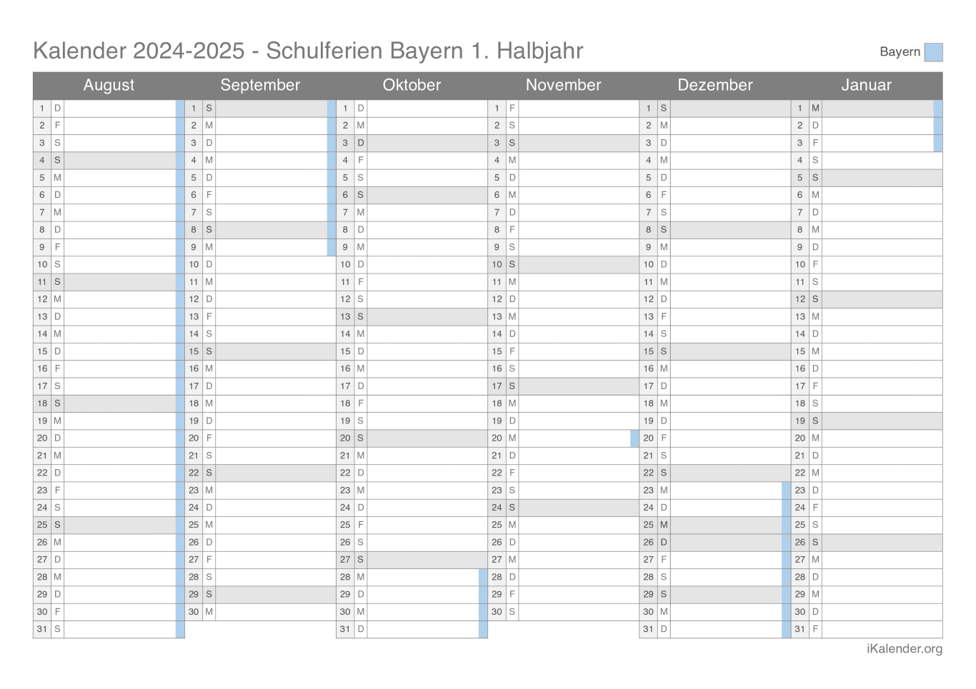 Schulferien Halbjahreskalender 2024-2025 Bayern