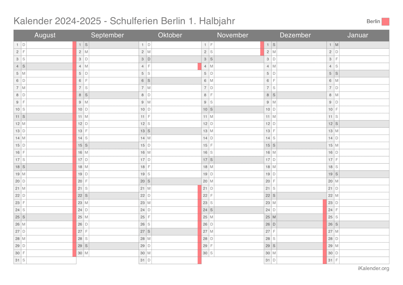 Schulferien Halbjahreskalender 2024-2025 Berlin