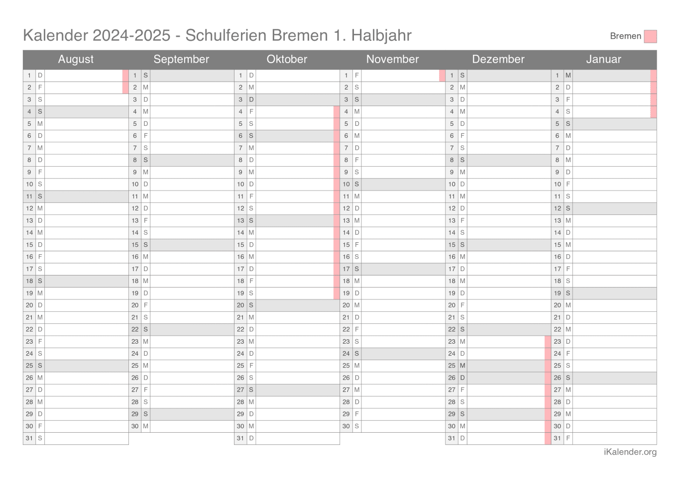 Schulferien Halbjahreskalender 2024-2025 Bremen