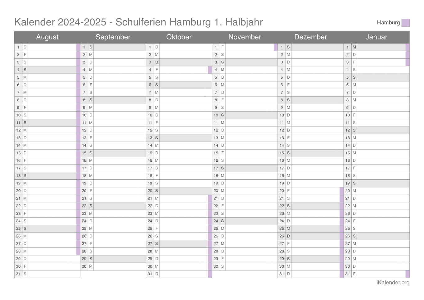 Schulferien Halbjahreskalender 2024-2025 Hamburg