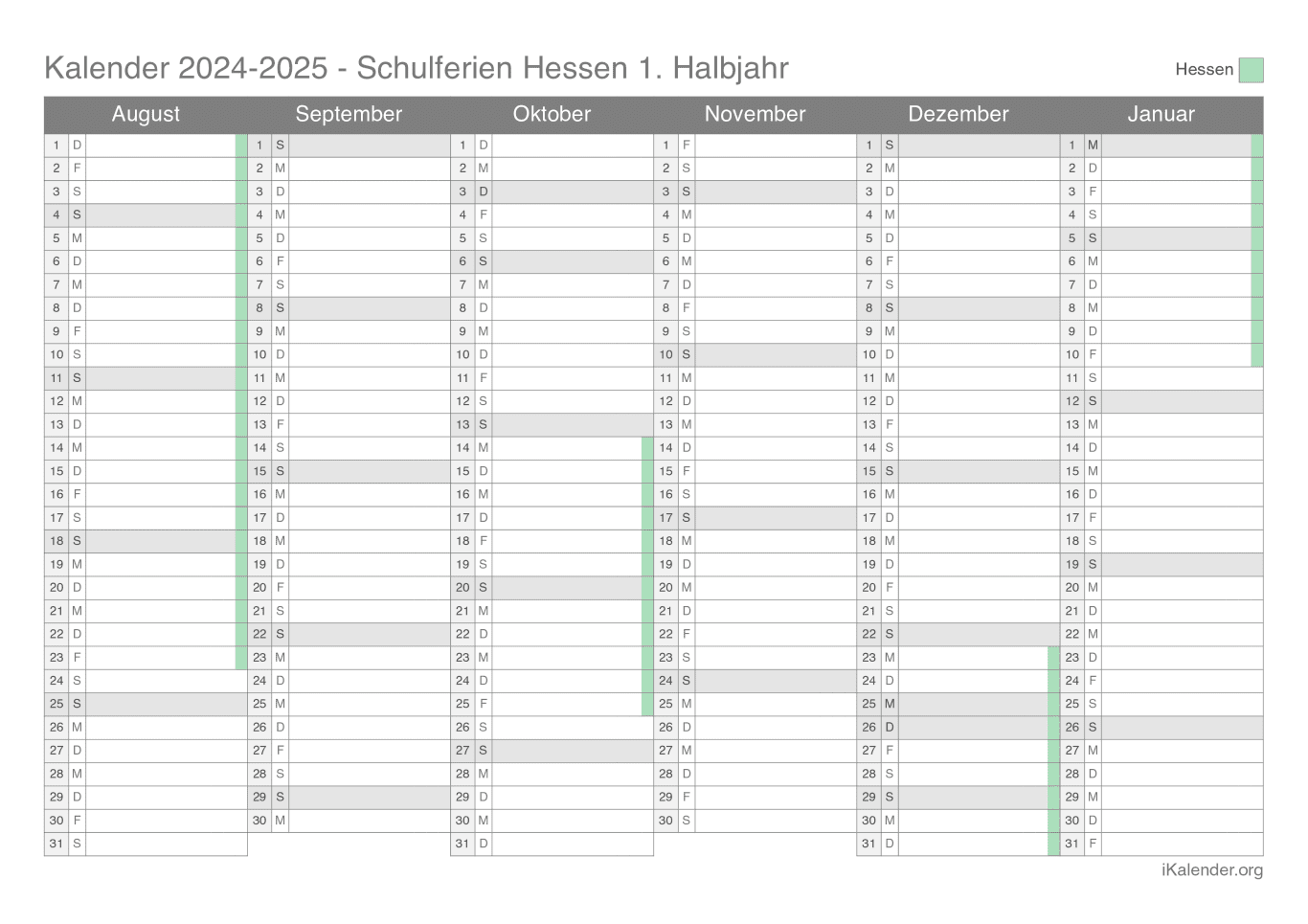 Schulferien Halbjahreskalender 2024-2025 Hessen