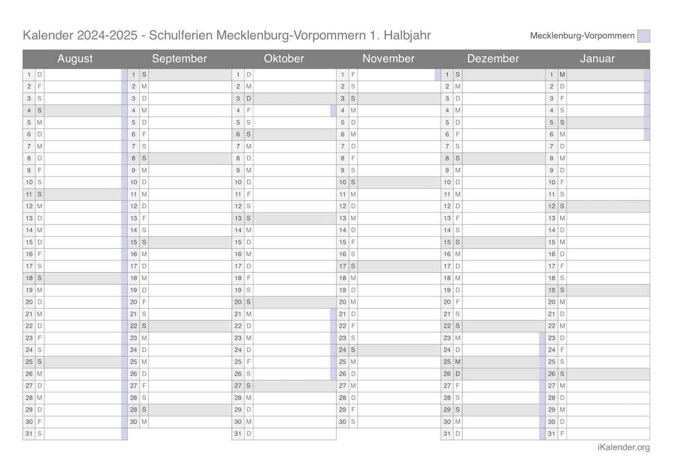 Schulferien Halbjahreskalender 2024-2025 Mecklenburg-Vorpommern