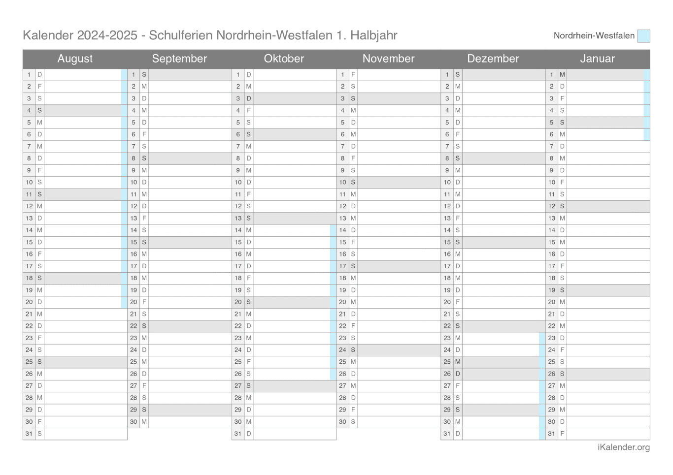 Schulferien Halbjahreskalender 2024-2025 Nordrhein-Westfalen