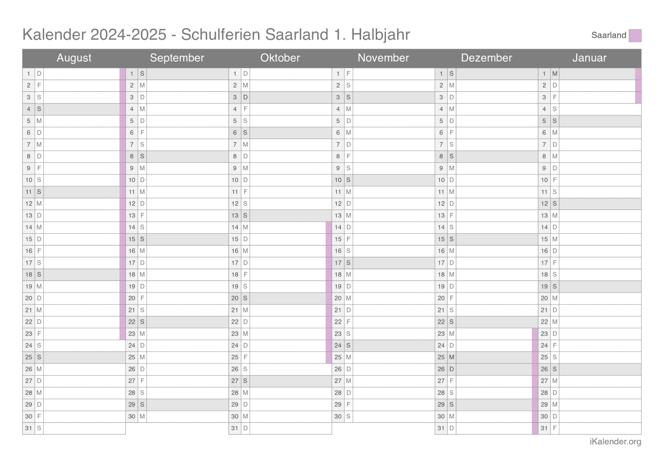 Schulferien Halbjahreskalender 2024-2025 Saarland