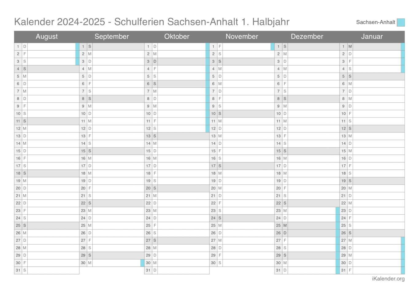 Schulferien Halbjahreskalender 2024-2025 Sachsen-Anhalt