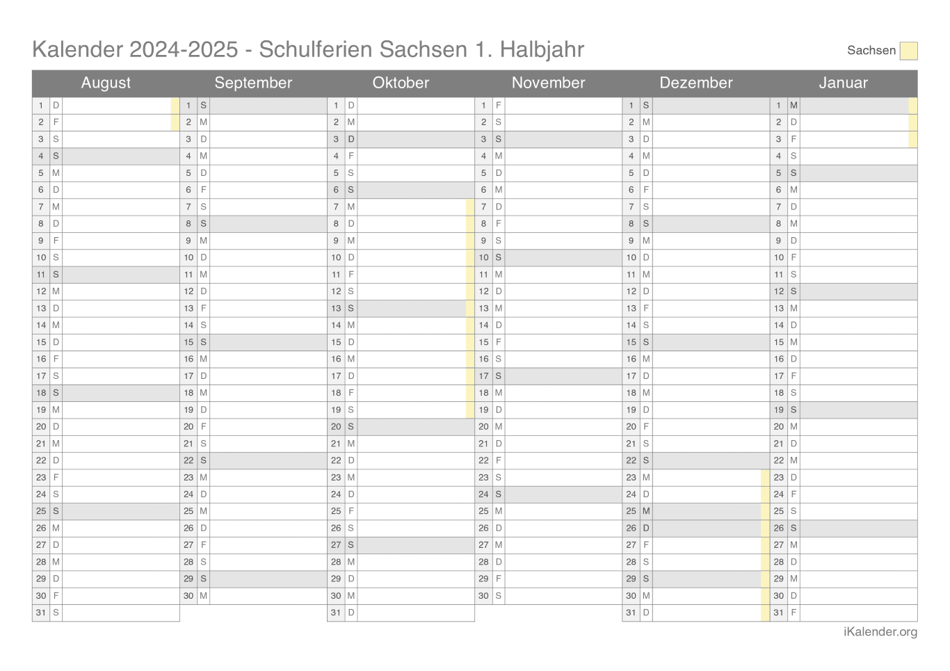 Schulferien Halbjahreskalender 2024-2025 Sachsen