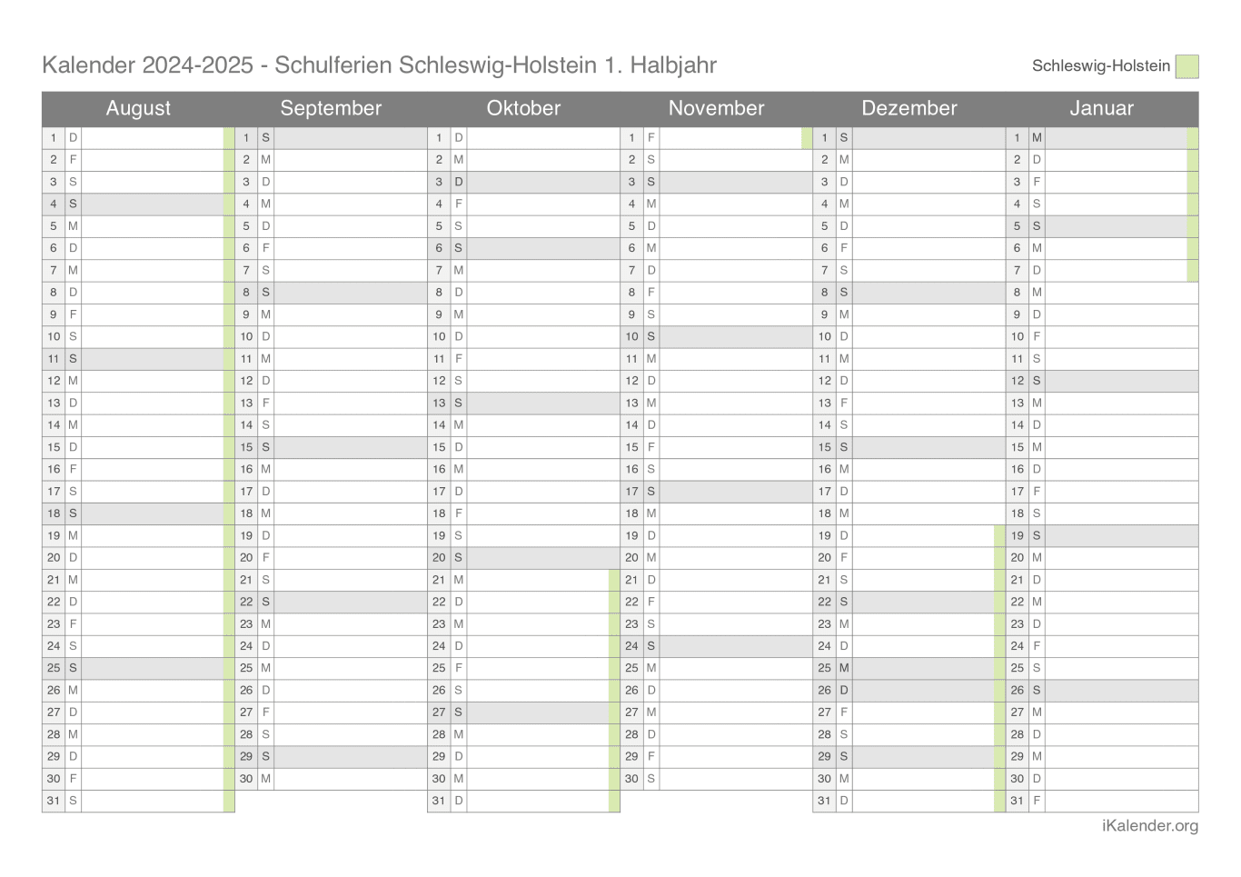 Schulferien Halbjahreskalender 2024-2025 Schleswig-Holstein