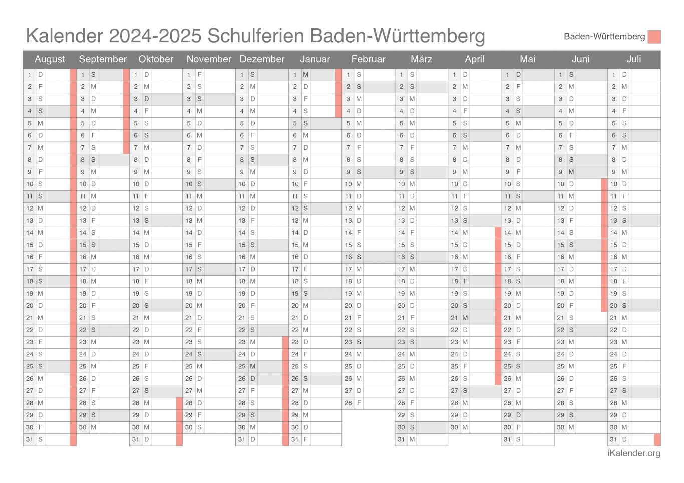 Schulferien Kalender 2024-2025 Baden-Württemberg