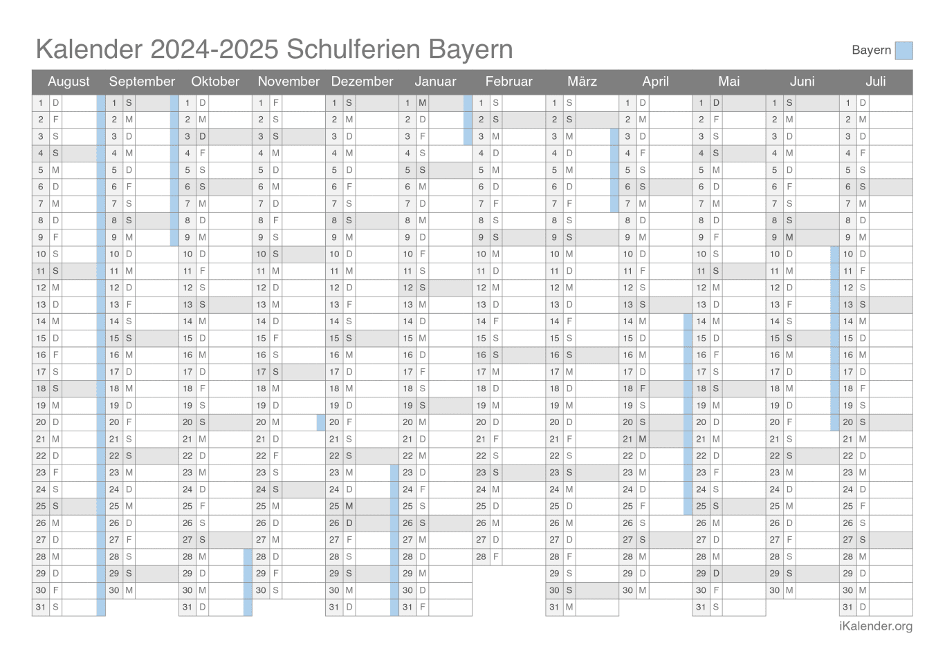 Schulferien Kalender 2024-2025 Bayern