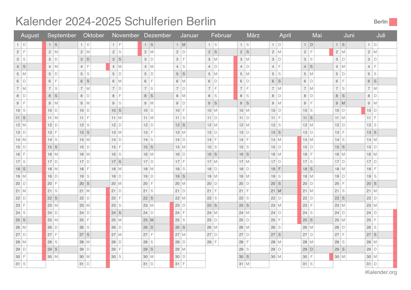 Schulferien Kalender 2024-2025 Berlin