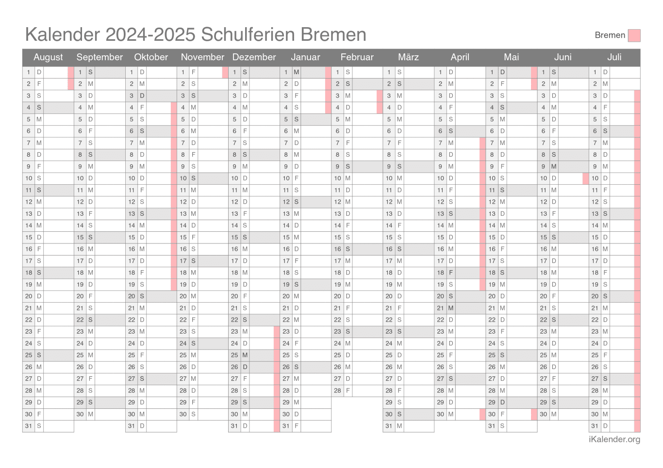 Schulferien Kalender 2024-2025 Bremen