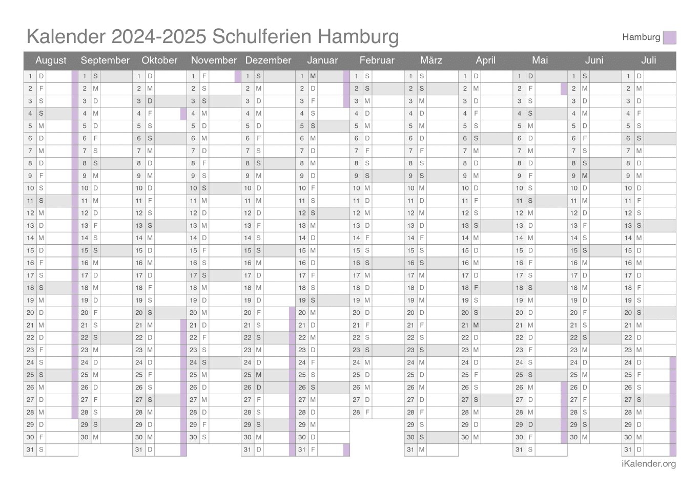 Schulferien Kalender 2024-2025 Hamburg